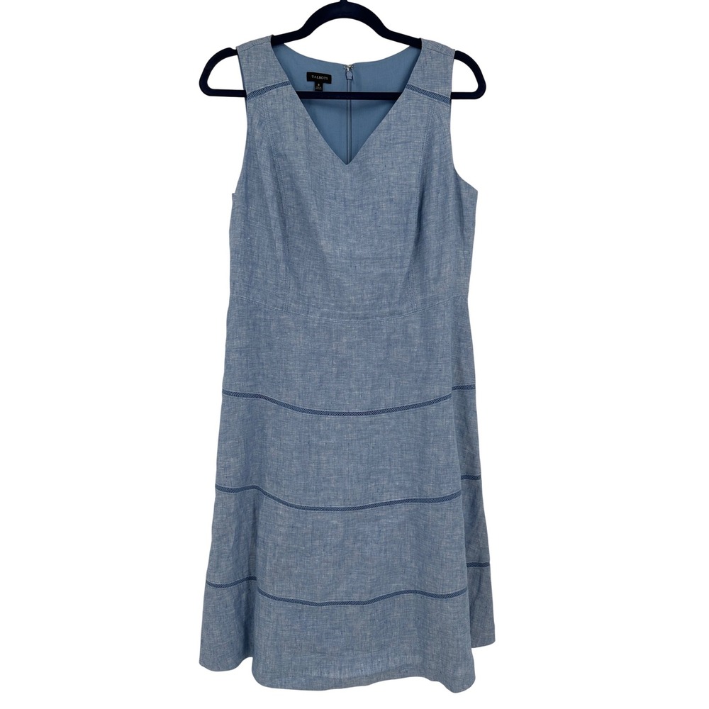 Talbots Blue 100% Linen Sleeveless V-Neck Ladder Stitch‎ Dress Women 8 Vacation